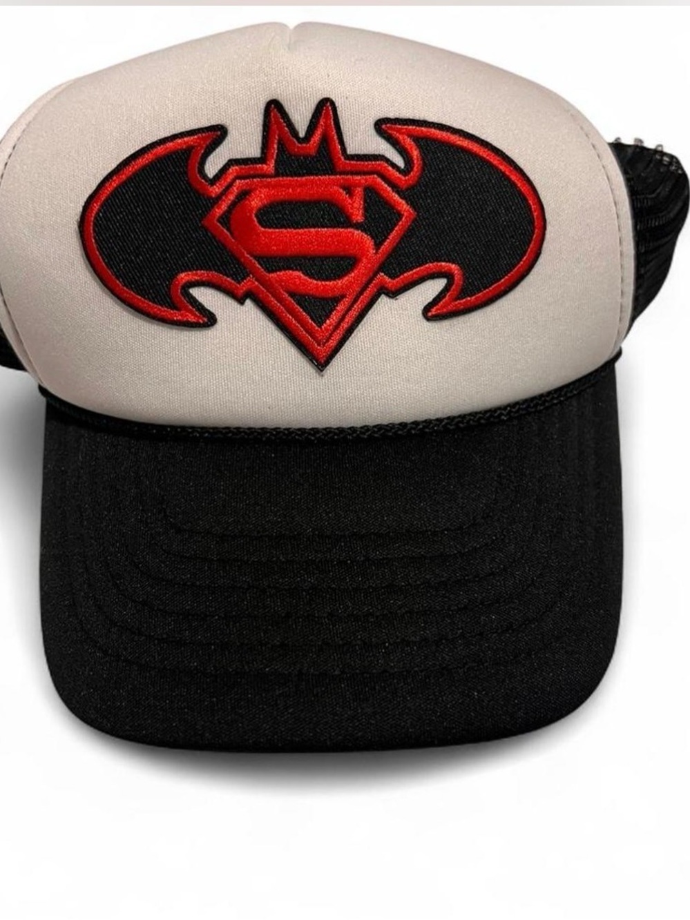 New  Black and White Trucker Hat with Red Superbat Logo